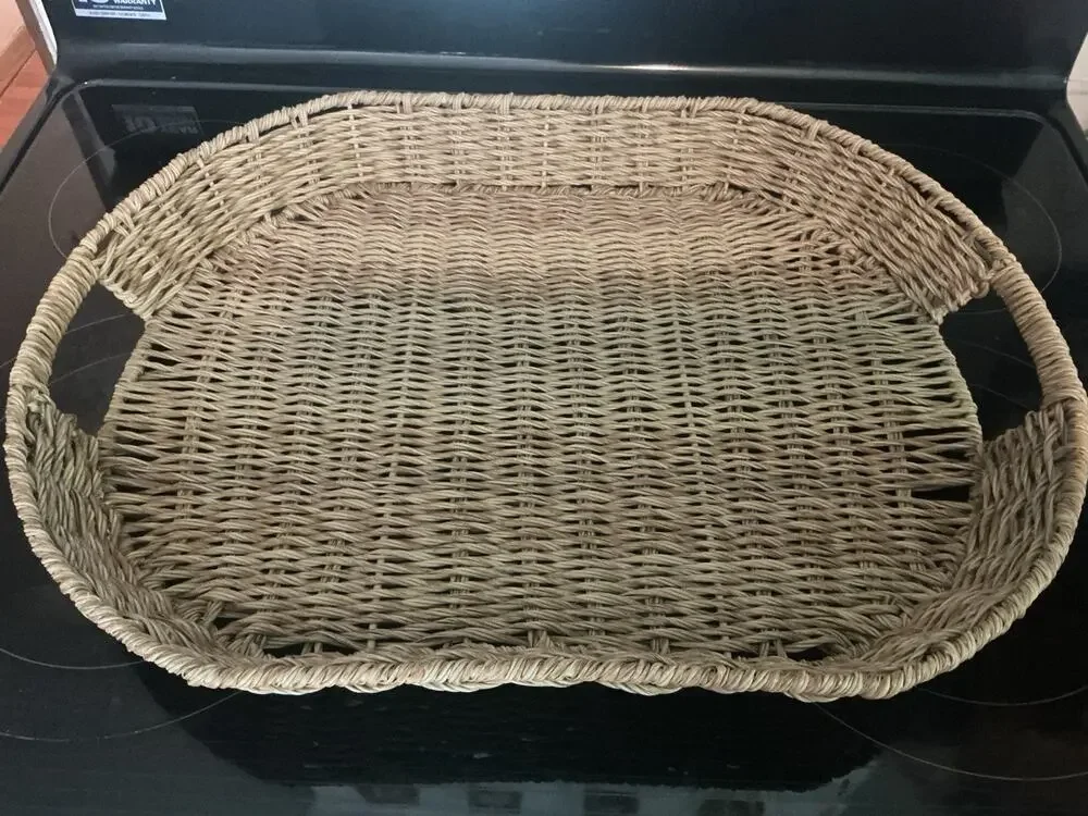 Vtg Boho Whitewashed Wicker Tray Oval Flat Basket Hand Woven Cottagecore Decor